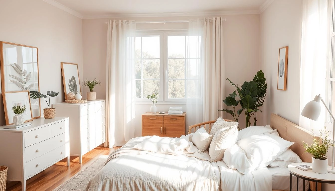 Serene bedroom with neutral tones, organized furniture, plush bed, natural light, minimalist decor, and a clutter-free space promoting relaxation.