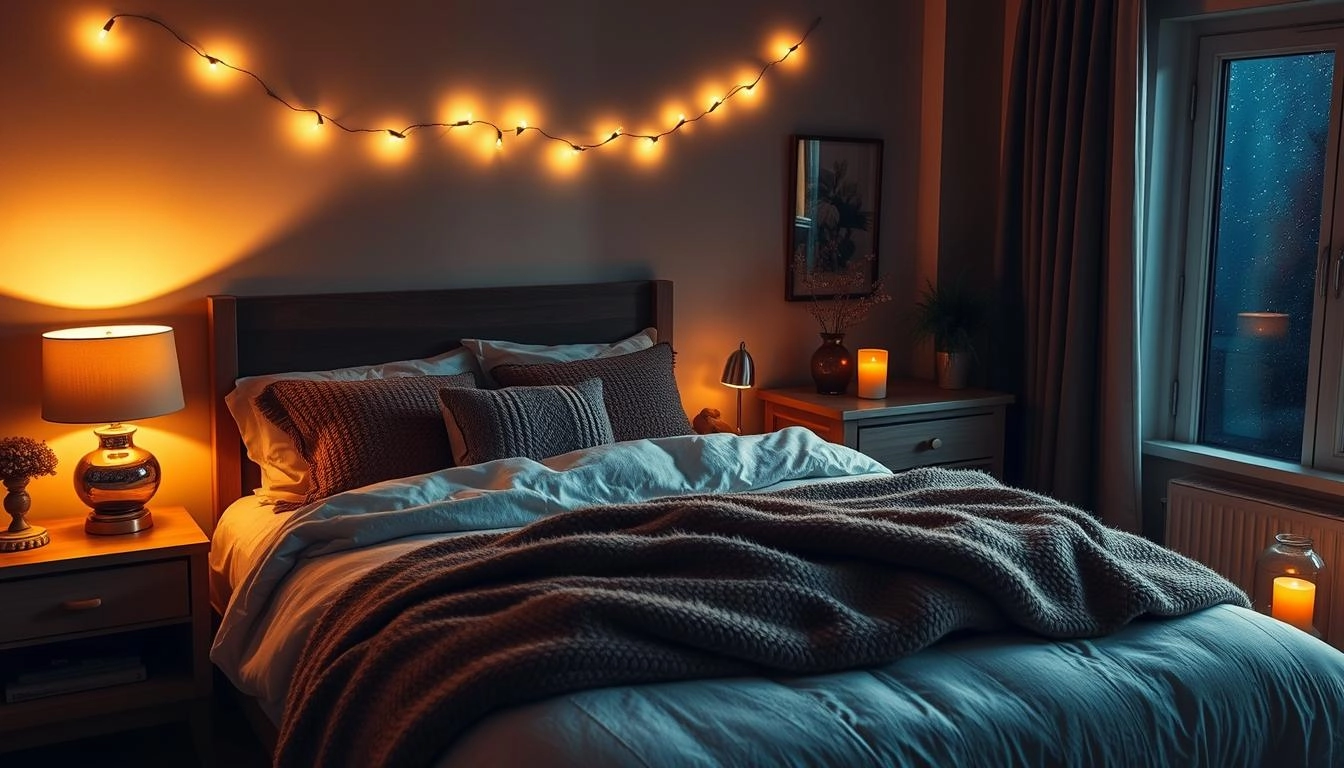 A warm and inviting bedroom scene with ambient lighting from bedside lamps, a plush bed layered with thick, cozy blankets, and fairy lights casting a gentle glow above. Warm-toned decor, including wooden furniture and soft textiles, complements the softly flickering candle in the corner. A window reveals a serene starry night sky, enhancing the cozy and tranquil atmosphere.