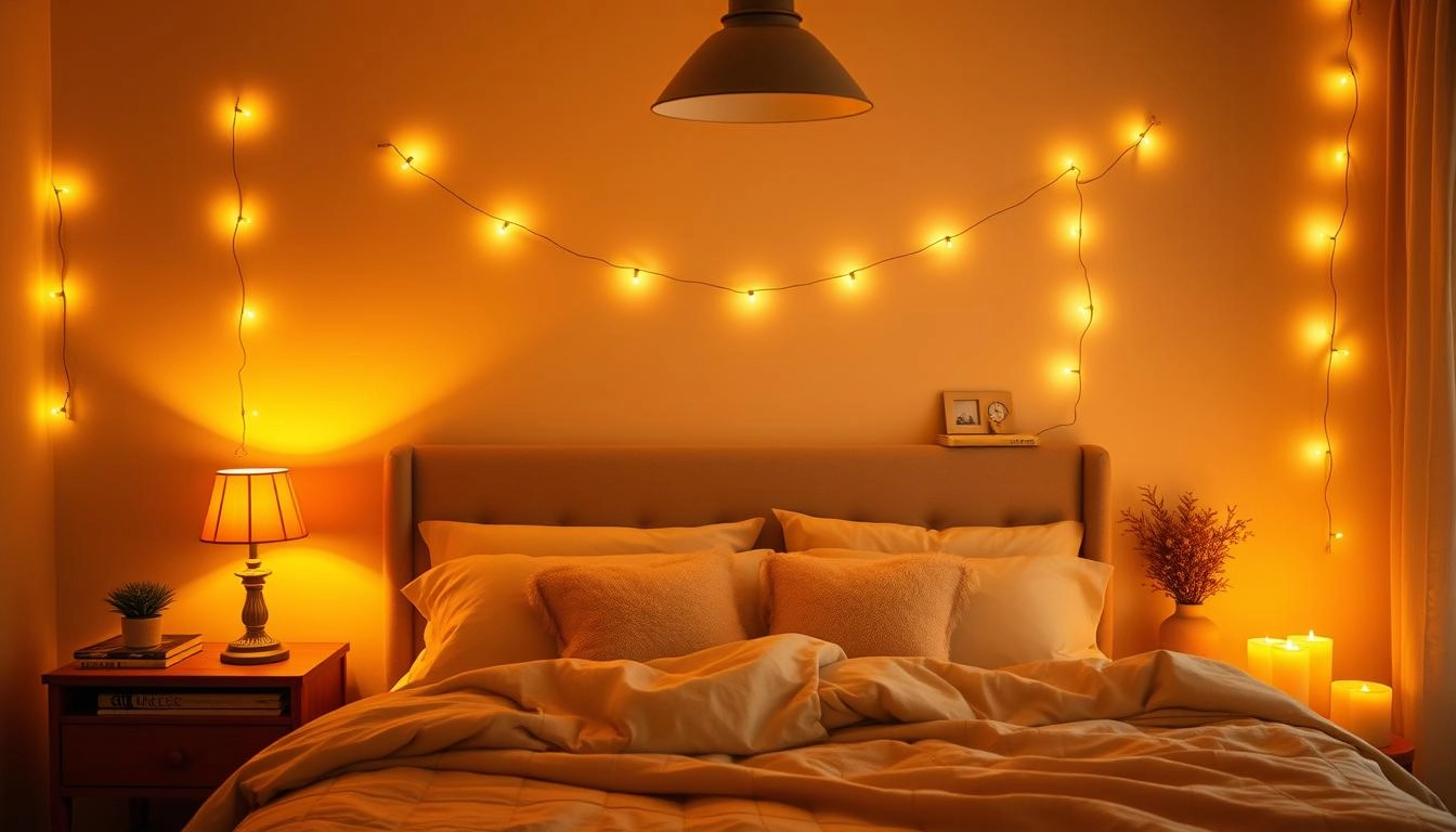 Cozy bedroom with soft ambient lighting from bedside lamps, string lights, and candles, featuring plush bedding in neutral tones for a tranquil atmosphere.