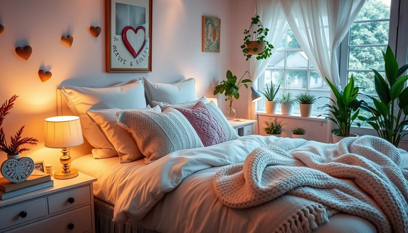 Cozy bedroom decor featuring layered bedding, warm bedside lighting, heart-shaped accents, pastel throw pillows, a vintage armchair with a knitted throw, and potted plants near a window, creating a serene atmosphere.