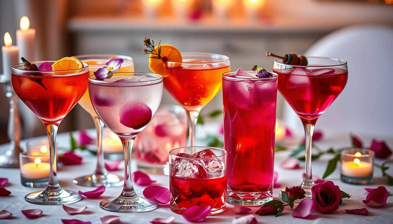 Elegant Valentine's Day table setting with stylish cocktails in ornate glasses, adorned with edible flowers, fruit slices, and heart-shaped ice cubes. Soft lighting, flickering candles, and scattered petals create a romantic ambiance, highlighting the vibrant colors and textures of the drinks.