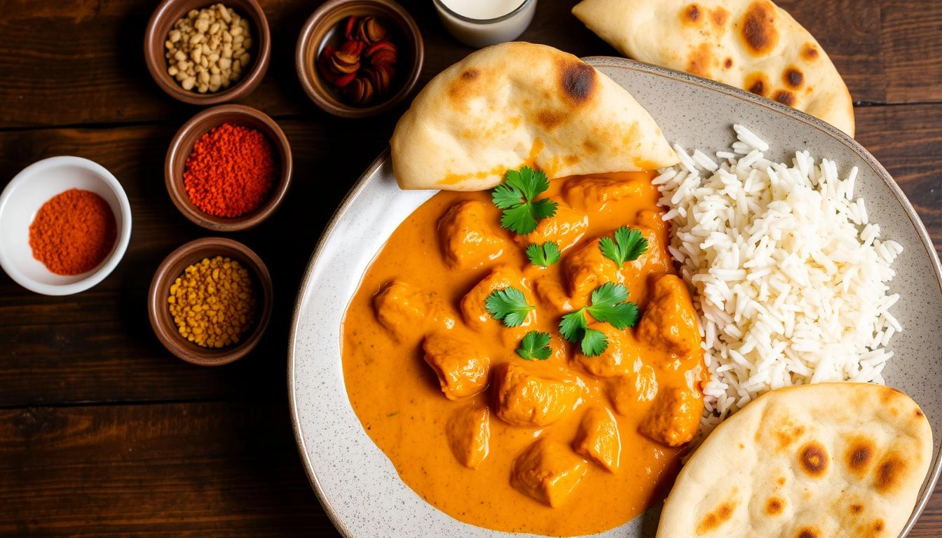 A vibrant plate of butter chicken with creamy sauce, fluffy naan bread, and aromatic basmati rice, garnished with fresh cilantro, set on a rustic wooden table with colorful spices in small bowls around it, creating a warm and inviting atmosphere.