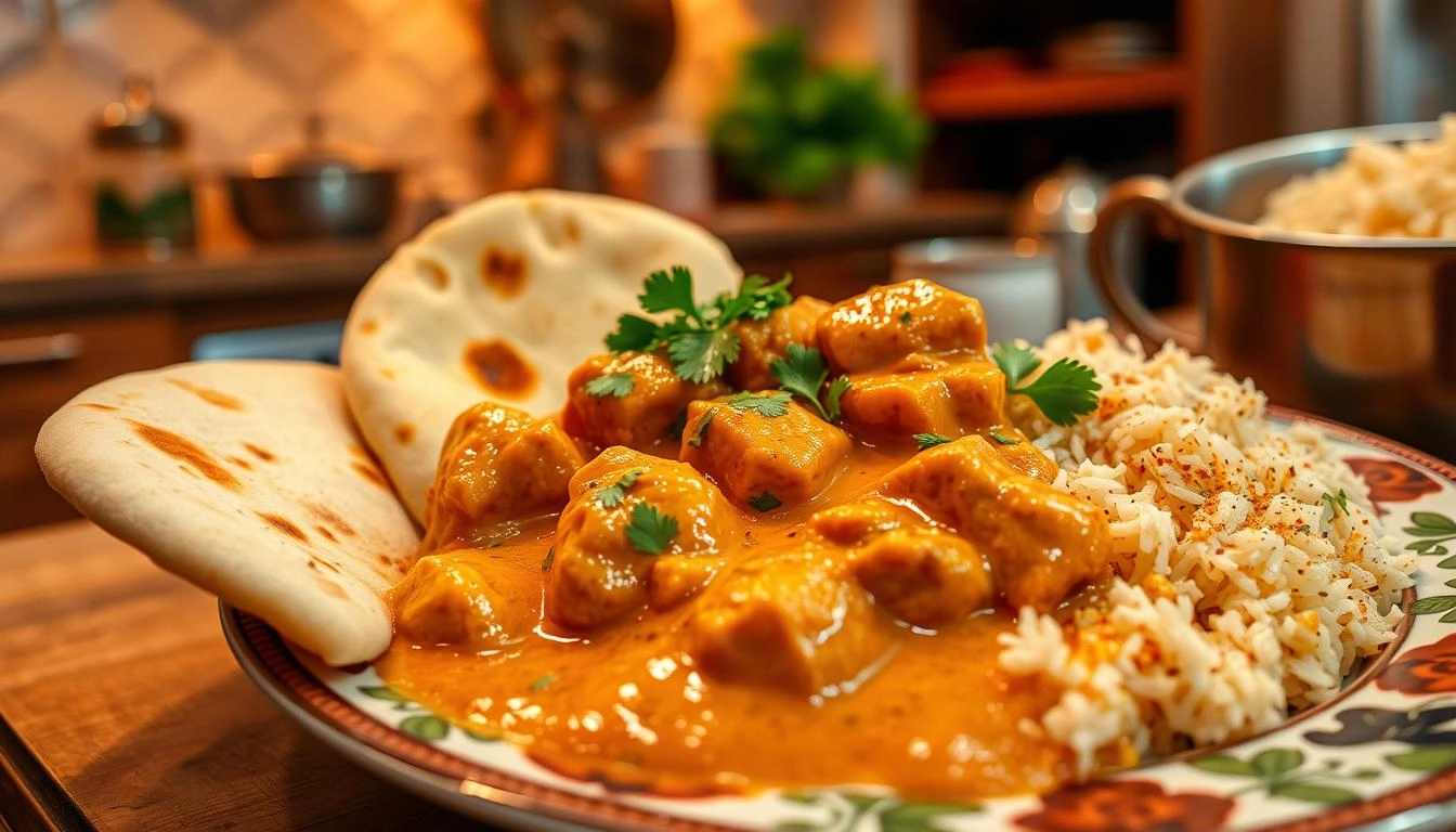 Simple Butter Chicken Recipe: A warm kitchen scene featuring a plate of homemade butter chicken with creamy sauce, tender chicken pieces, fresh naan bread, fragrant basmati rice, and cilantro garnish, all set in a cozy atmosphere with warm ambient lighting.