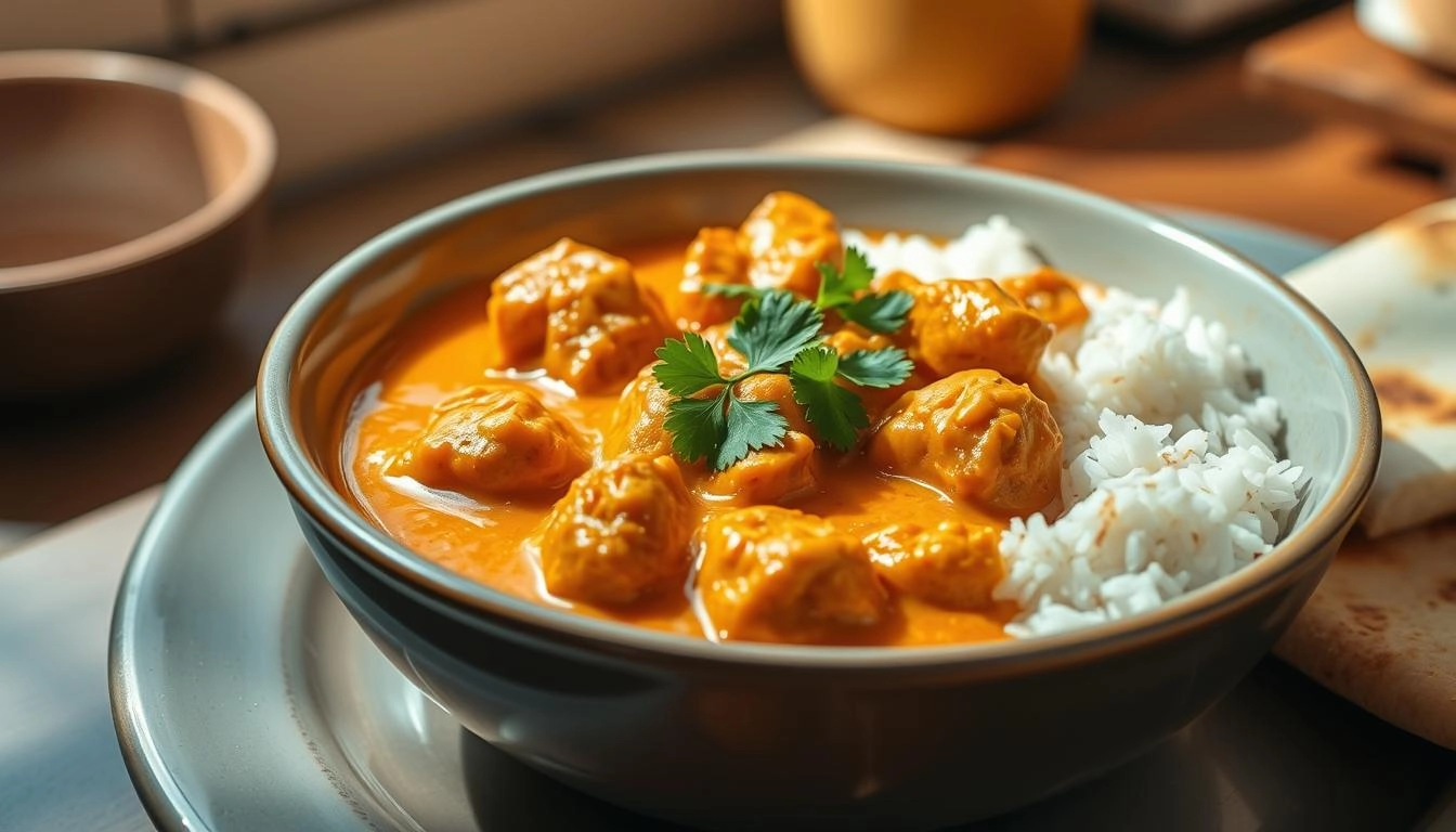  A bowl of creamy butter chicken with vibrant orange sauce, tender marinated chicken pieces, garnished with fresh cilantro, served with fluffy basmati rice and naan bread, in a warm kitchen setting with natural light streaming in.