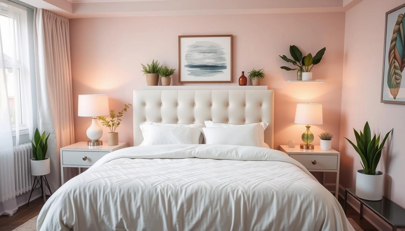 A cozy, modern bedroom with soft pastel colors, a neatly made bed adorned with plush pillows and a fluffy duvet, stylish bedside tables with elegant lamps, fresh curtains, indoor plants, and decorative wall art, all illuminated by warm lighting that enhances the serene and inviting atmosphere.