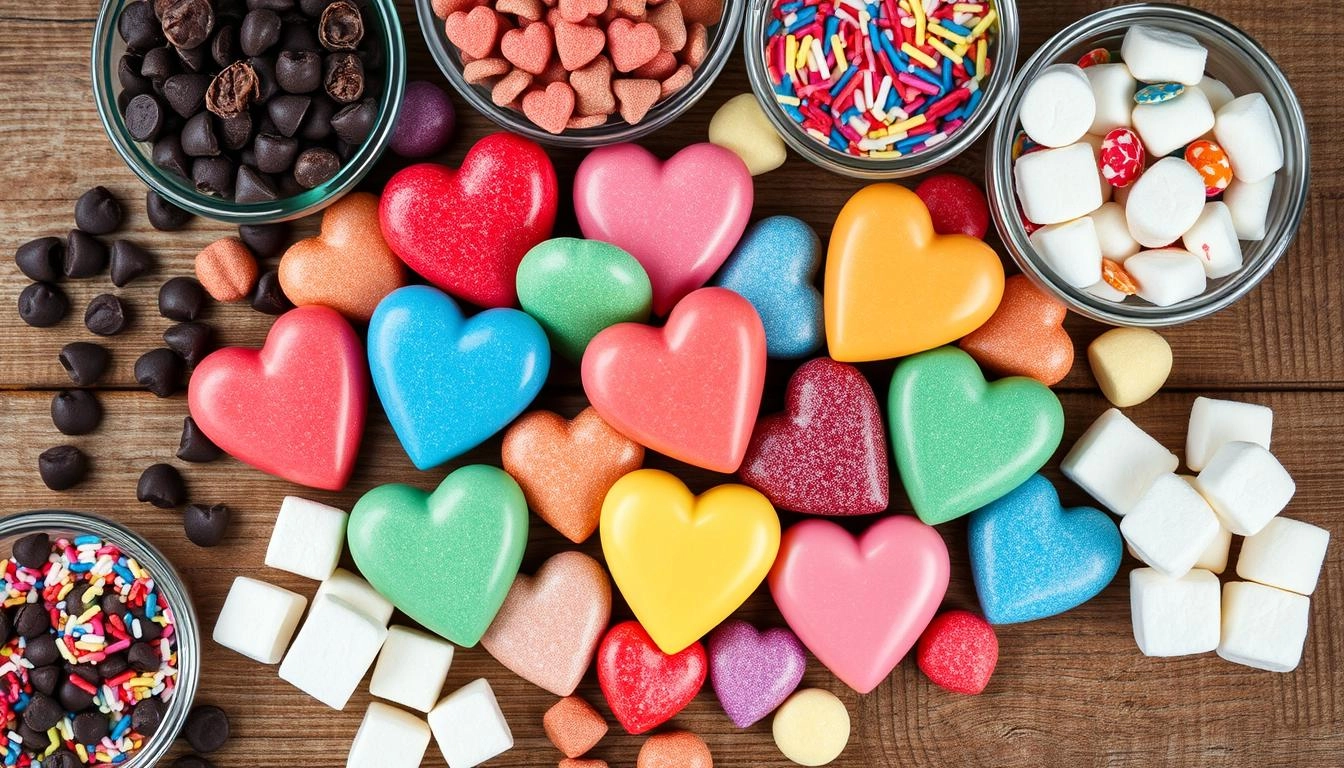 A display of heart-shaped candies arranged with chocolate chips, sprinkles, and marshmallows on a wooden table, softly lit to showcase their colors and textures.