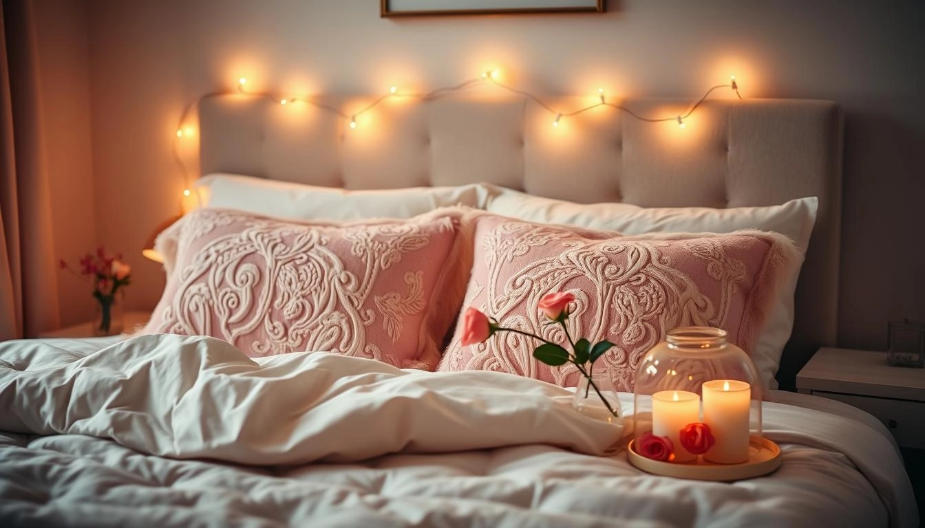 Cozy bedroom with pastel pillows, string lights around headboard, fresh roses, and subtle heart accents creating a romantic atmosphere.