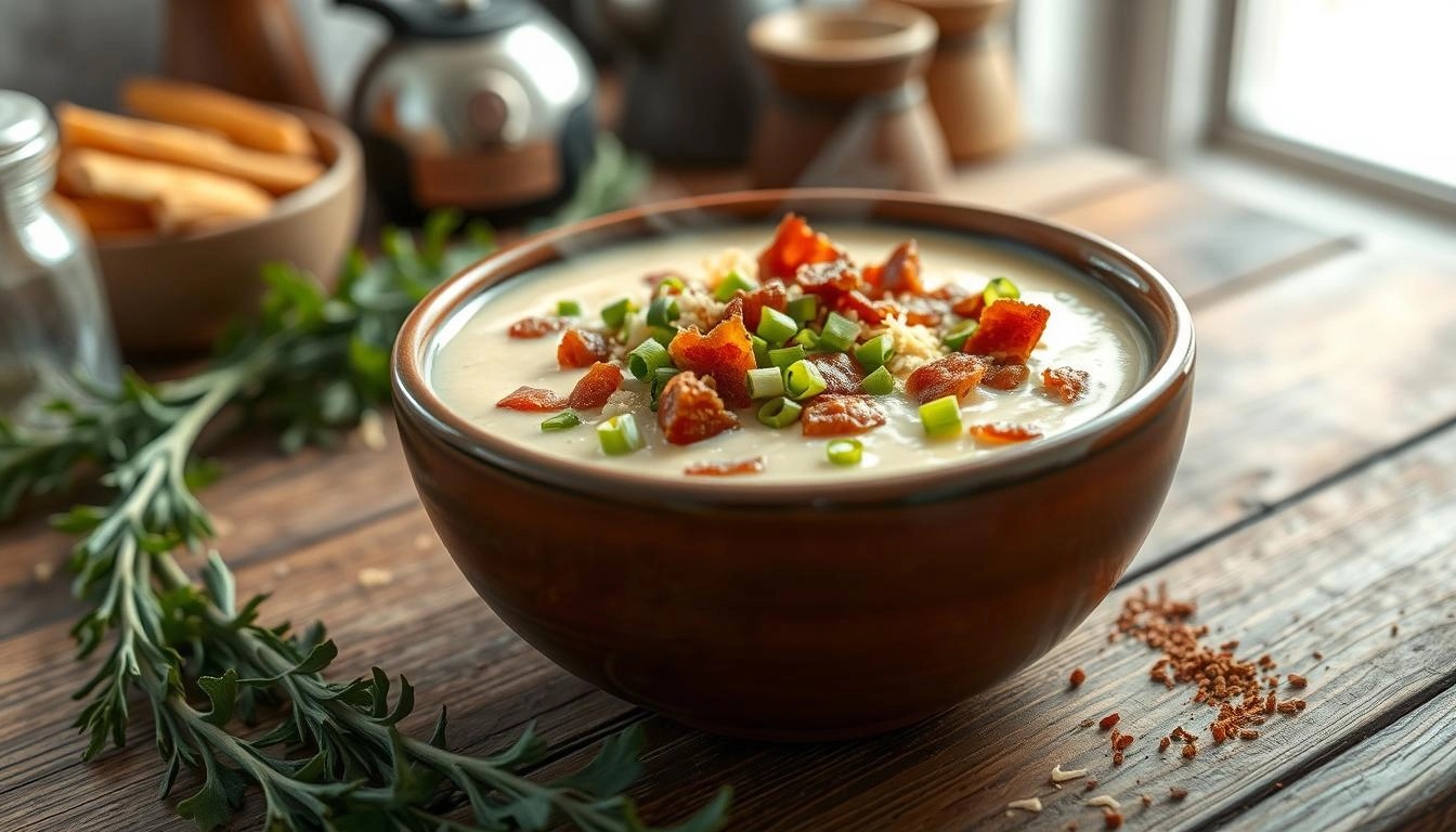 A steaming bowl of creamy potato soup topped with crispy bacon bits, chopped green onions, and shredded cheese, surrounded by fresh herbs and spices, placed on a rustic wooden table with a blurred cozy kitchen in the background.