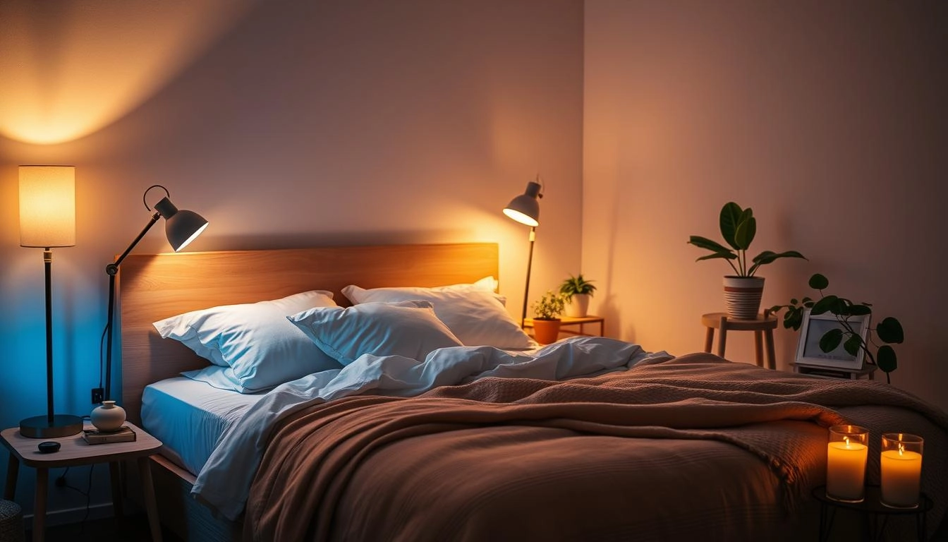 Serene bedroom with smart lamps and candles creating warm light, featuring plush bedding, calming wall colors, and touches of greenery for a soothing atmosphere.