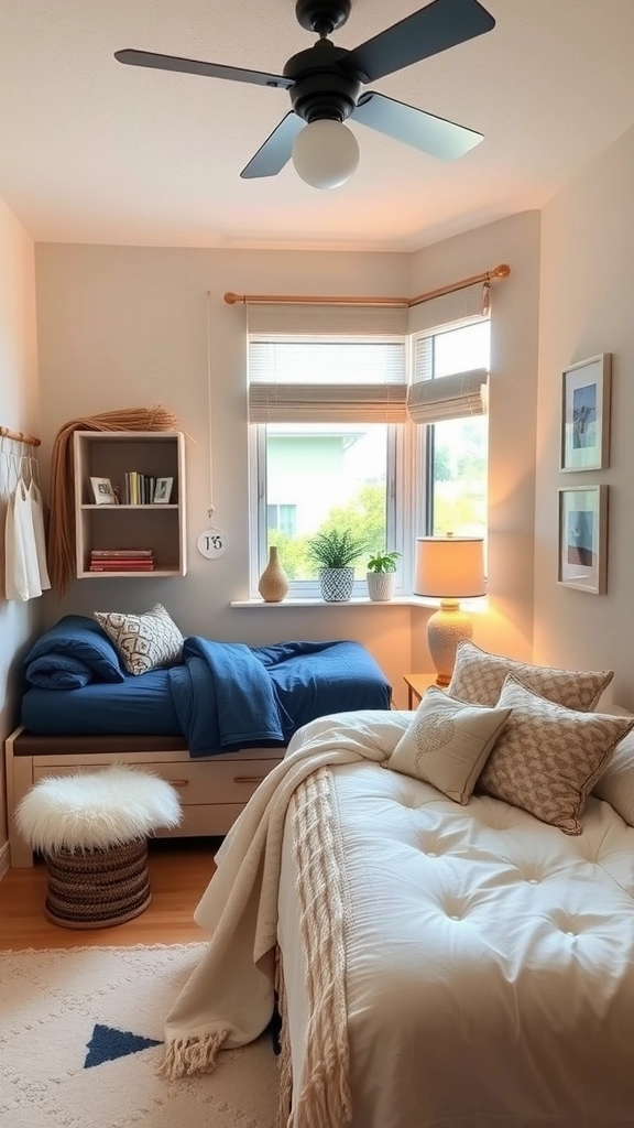 A stylish dorm room with a bunk bed, blue accent wall, soft bedding, and natural light.