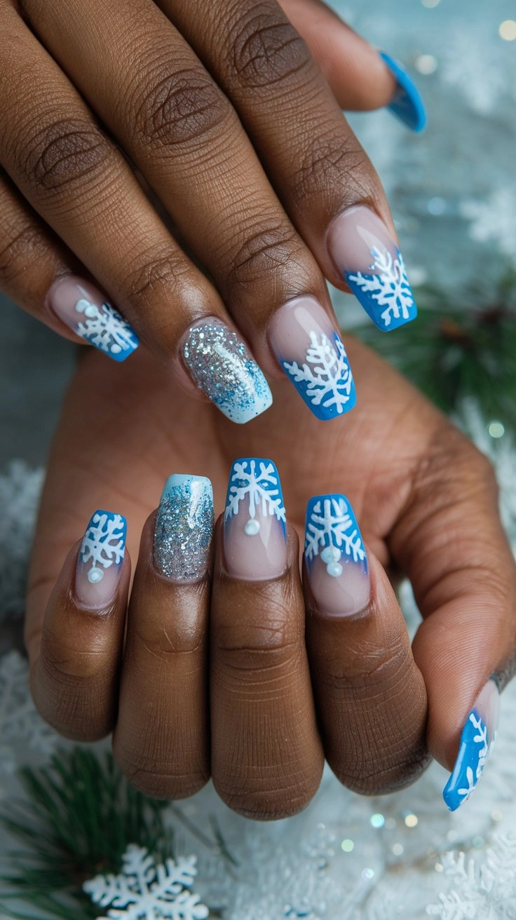 Icy blue nail art with intricate snowflake patterns, shimmering glitter accents, and glossy finishes, displayed on elegantly manicured fingers against a soft winter-themed background.