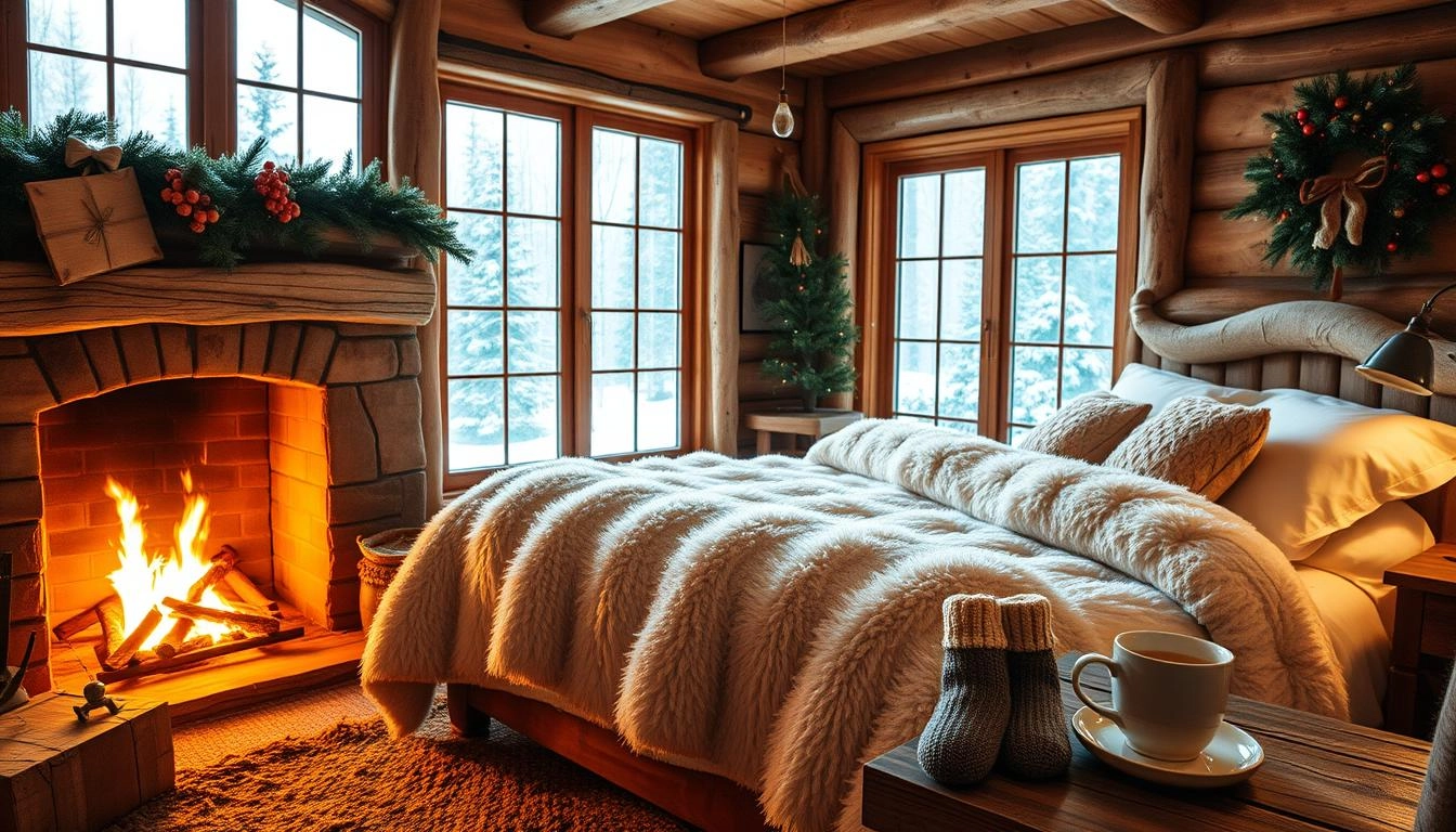 Cozy winter retreat with a warmly lit bedroom featuring a large inviting bed, soft blankets, and plush pillows. A roaring fireplace adds warmth, and frosty windows show snowflakes falling outside. Rustic wooden furniture and a steaming cup of tea on the side table enhance the serene ambiance.