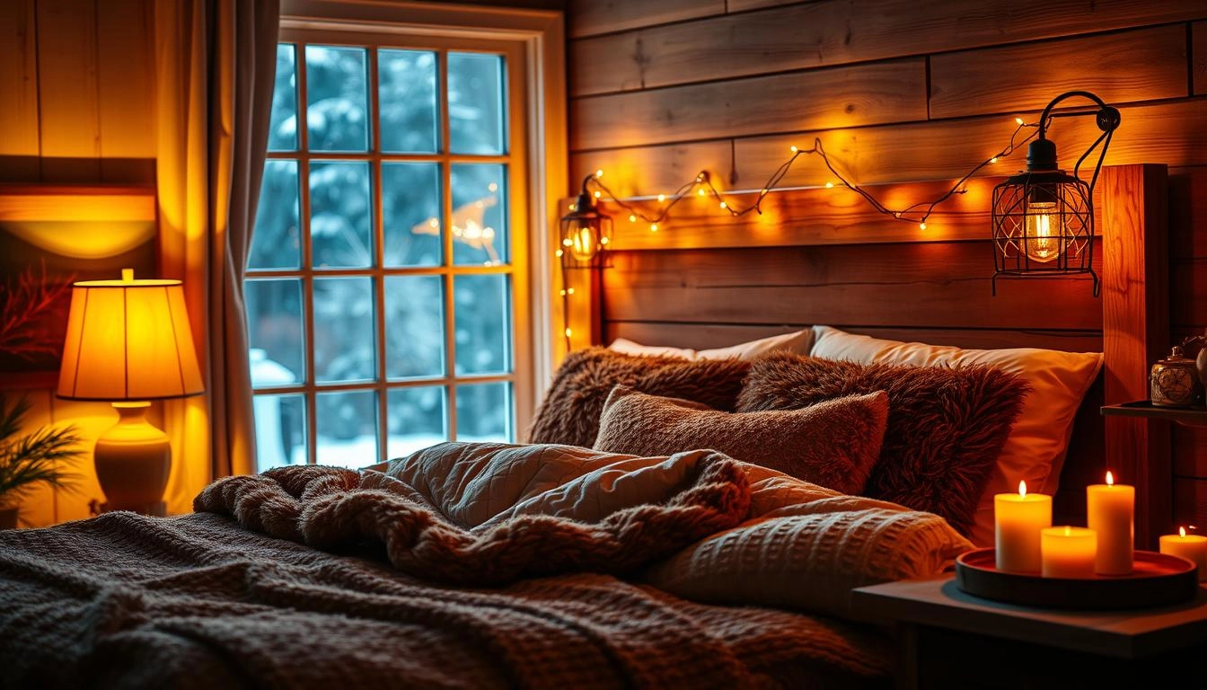 Warm lighting in a cozy bedroom with golden fairy lights on a wooden headboard, a glowing bedside lamp, plush winter blankets, flickering candles on a rustic nightstand, and a softly lit window with snowflakes outside.