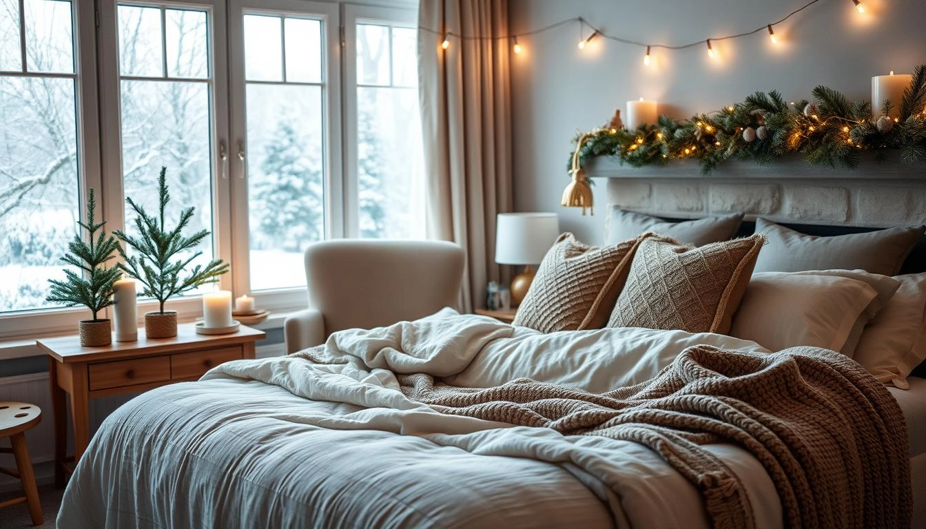 Cozy winter bedroom with plush bed layered in muted blankets and pillows, wooden bedside table with lit candle and small pine tree, frosty windows with falling snow, throw on armchair by fireplace, and glowing fairy lights above the bed.