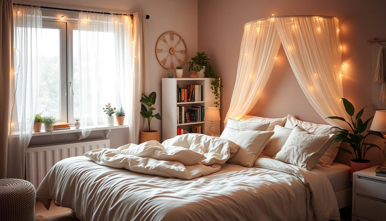 Cozy bedroom with plush bed, fairy lights, sheer canopy, bookshelf, reading nook with armchair and rug, and indoor plants in soft pastel and earth tones.