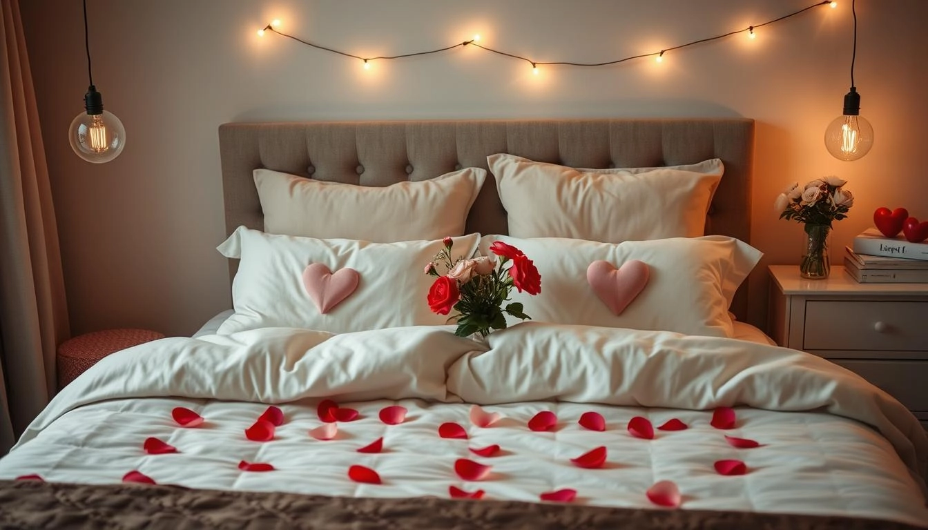 Subtle Valentine's Day Decor: Cozy bedroom with heart pillows, rose petals, and fresh flowers in pink and red tones, featuring warm string lights and romantic vintage-modern decor for Valentine's Day.