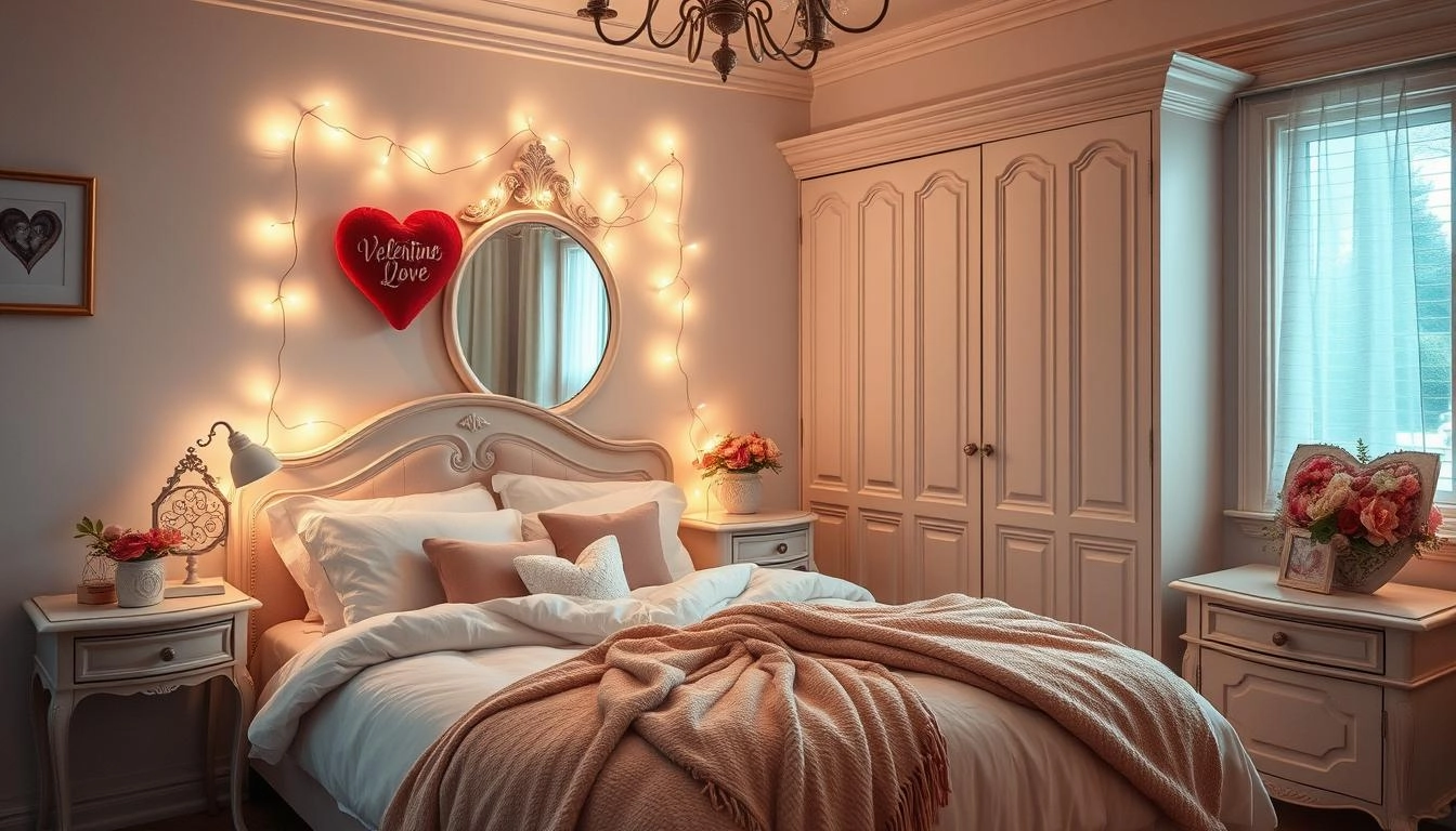 Elegant bedroom design with Valentine’s Day decor, pastel hues, plush bedding with heart accents, fairy lights on a vintage mirror, floral arrangements on the bedside table, stylish storage, and warm lighting for a cozy ambiance.