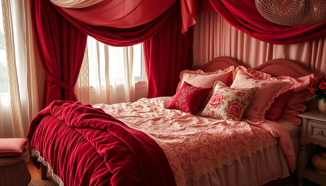 Cozy bedroom interior with layers of soft, romantic textiles in deep reds and muted pinks, featuring plush velvet throws, delicate lace bedspreads, and floral-patterned cushions. Warm ambient lighting enhances the intimate and inviting atmosphere.