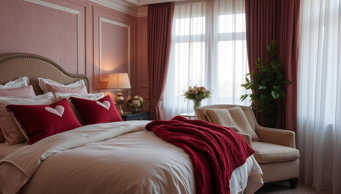 Subtle Valentine's Day Decor with blush pink and red textiles, featuring layered bedding, heart-detailed pillows, a draped armchair, and sheer curtains creating a soft, elegant atmosphere.