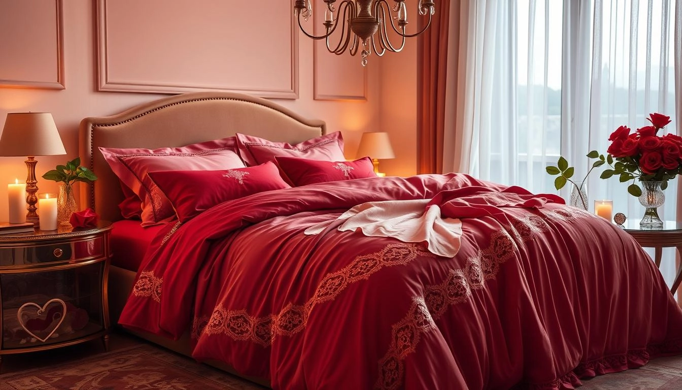 Luxurious bedroom with red and pink bedding, featuring a velvet chaise, flickering candles, fresh roses, heart accents, and soft lighting from a chandelier, creating an intimate atmosphere.