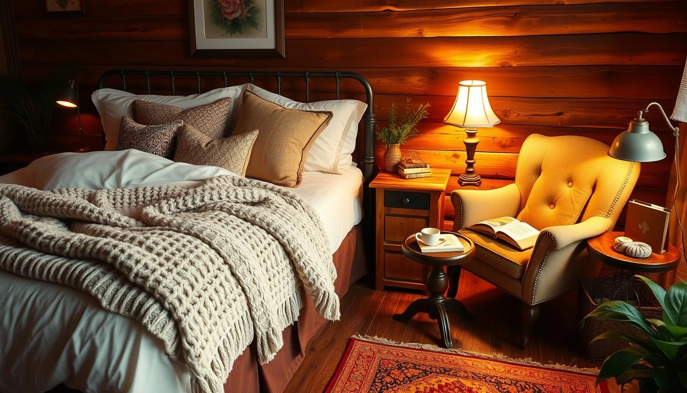 Cozy bedroom with plush bedding, knit throw, reading nook with armchair, books and tea, warm lighting, wooden accents, rugs, and potted plants.