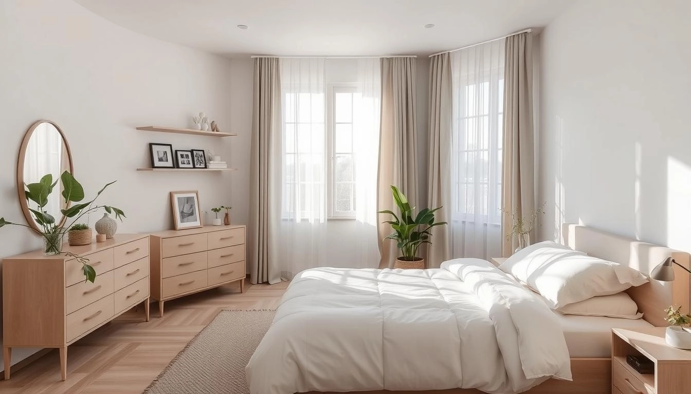 Minimalist bedroom with neutral tones, clean-lined furniture, curated shelves, textured bed, sheer-lit space, corner plants, creating a tranquil, spacious sanctuary.