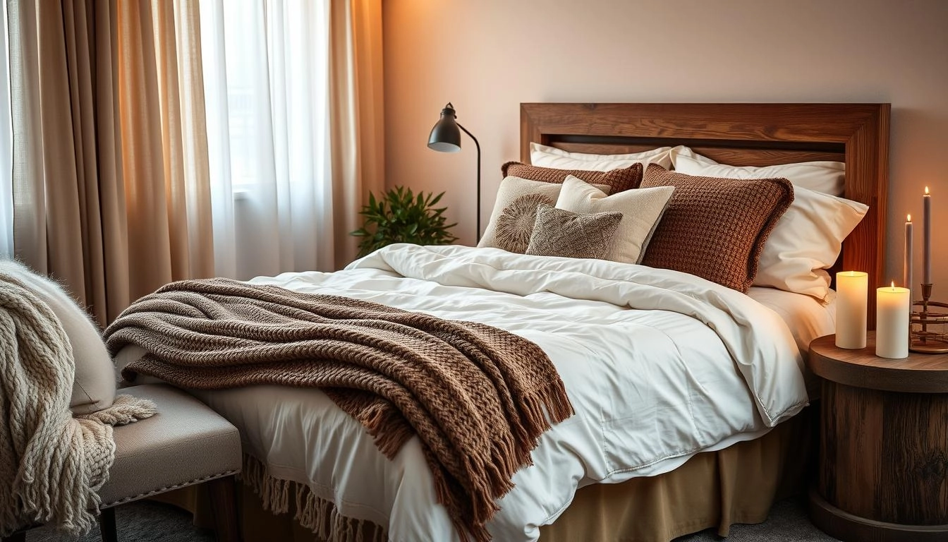 A serene bedroom scene showcasing a plush bed layered with soft blankets and textured pillows, illuminated by warm ambient lighting. Knitted throw blankets drape elegantly over the bed, while a cozy armchair with a fluffy blanket invites relaxation. A rustic wooden side table adorned with glowing candles complements the soft, muted wall colors and gently swaying curtains, creating a tranquil and inviting atmosphere.