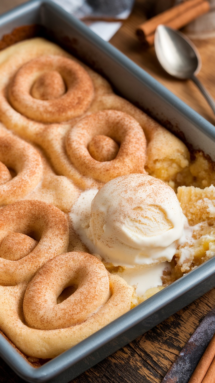 A delicious Snickerdoodle Cream Cheese Cobbler with ice cream on a rustic table.