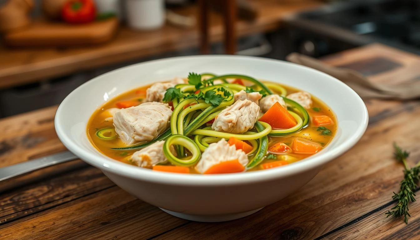 Steaming zucchini noodle chicken soup with zucchini, chicken, herbs, and veggies on a rustic table, with a blurred kitchen background, evoking a healthy meal vibe.