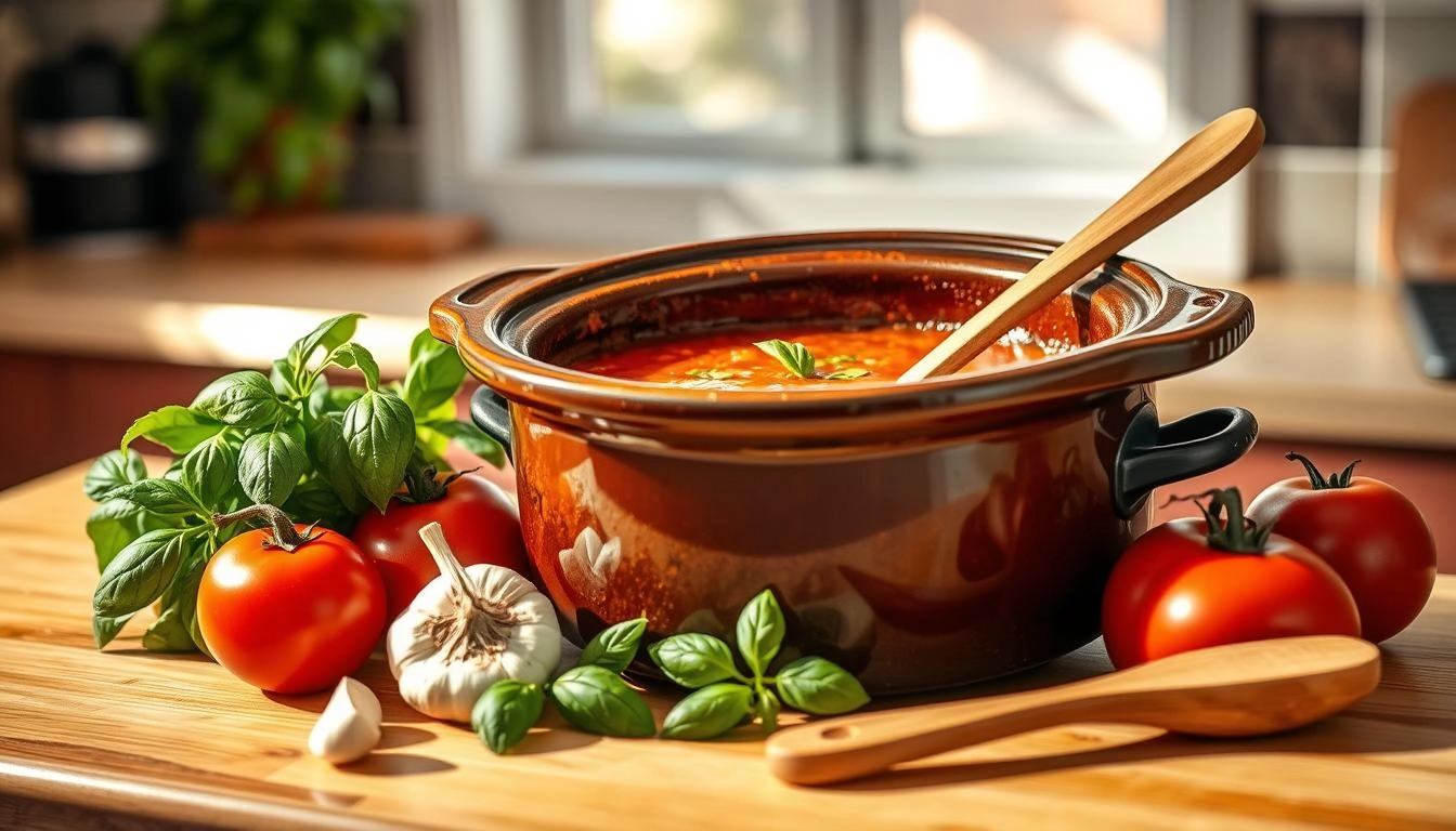 A warm and inviting scene featuring a rustic crockpot of slow-cooked tomato basil soup, surrounded by fresh basil leaves, ripe tomatoes, garlic cloves, and a wooden spoon, set on a cozy kitchen countertop with soft sunlight filtering through a window, evoking a homely atmosphere.