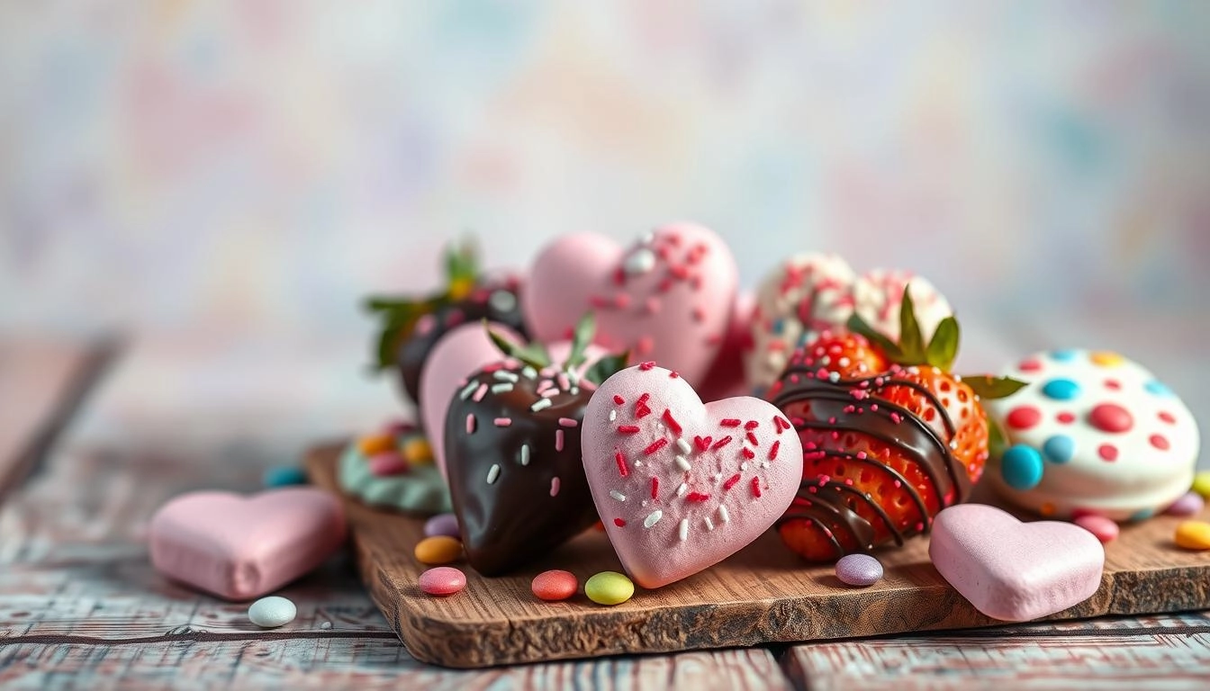 A display of heart-shaped treats including chocolate strawberries, pink marshmallows, and candies, arranged with sprinkles and glitter on a wooden table with a pastel backdrop.