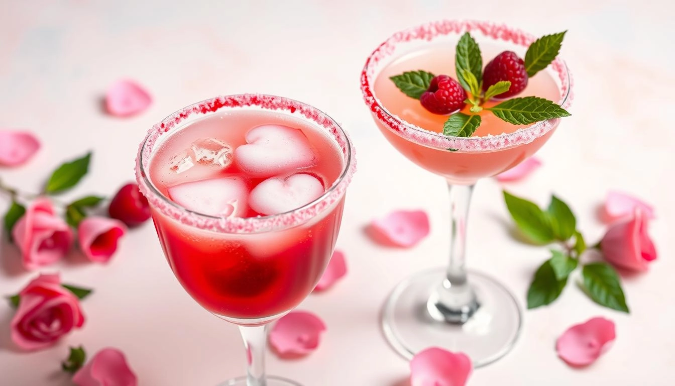 Heart-shaped Valentine's cocktails with sugared rims and berry garnishes on rose petal-decorated surface