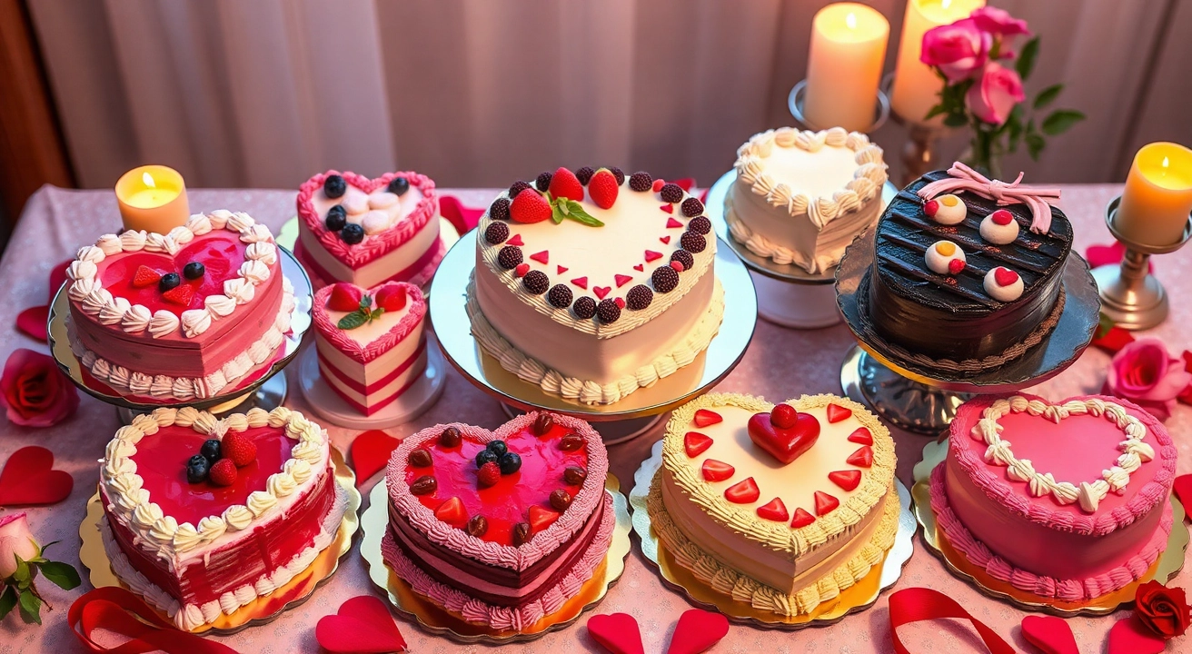 Heart-shaped cakes with colorful icing and fruit toppings on a festive table with roses and candles.