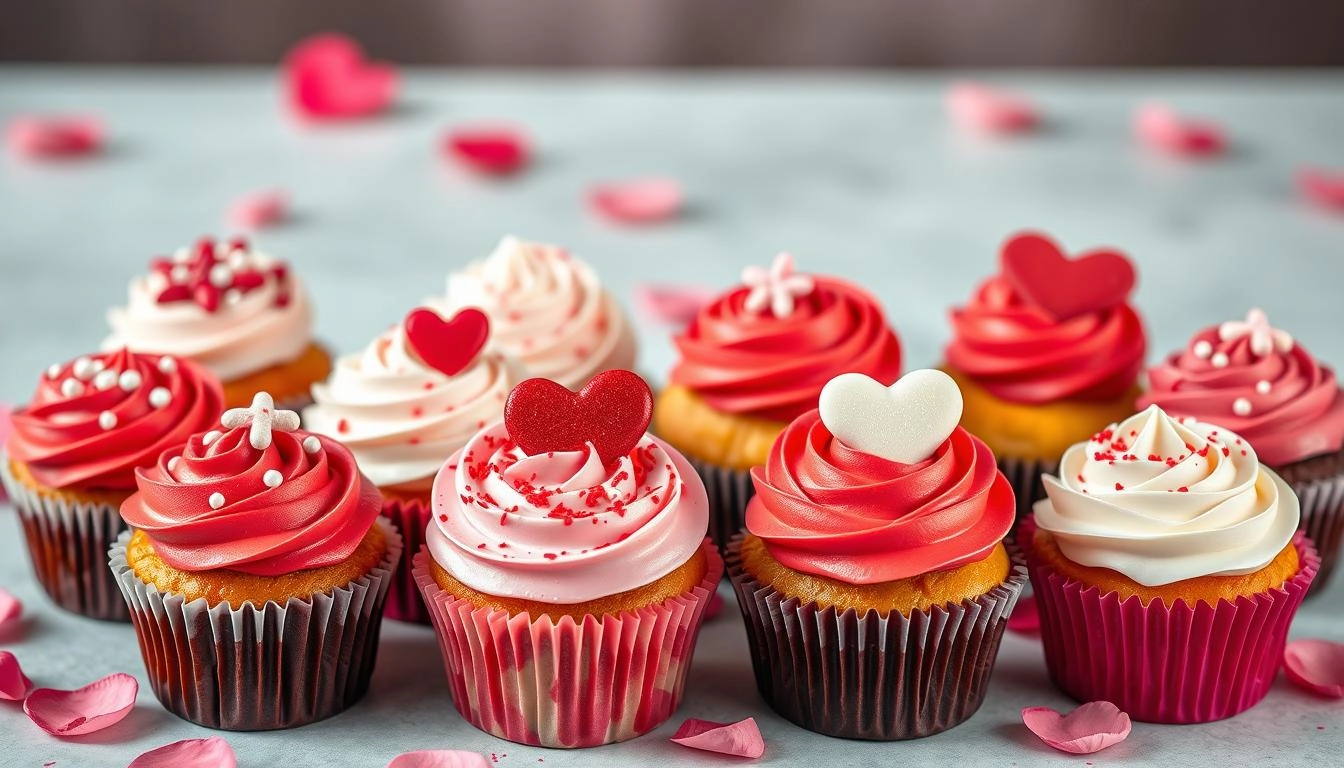 Valentine's Day cupcakes with red, pink, and white frosting, heart sprinkles, and fondant decorations in a romantic setting.