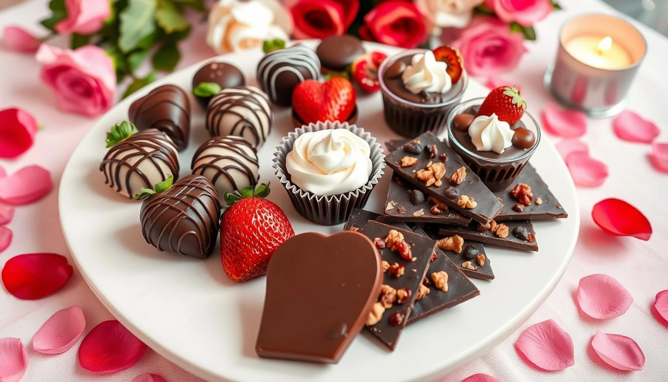 Chocolate Valentine's treats: Heart truffles, chocolate-covered strawberries, chocolate mousse cups, dark chocolate bark with nuts, displayed on a romantic table with rose petals and candles.