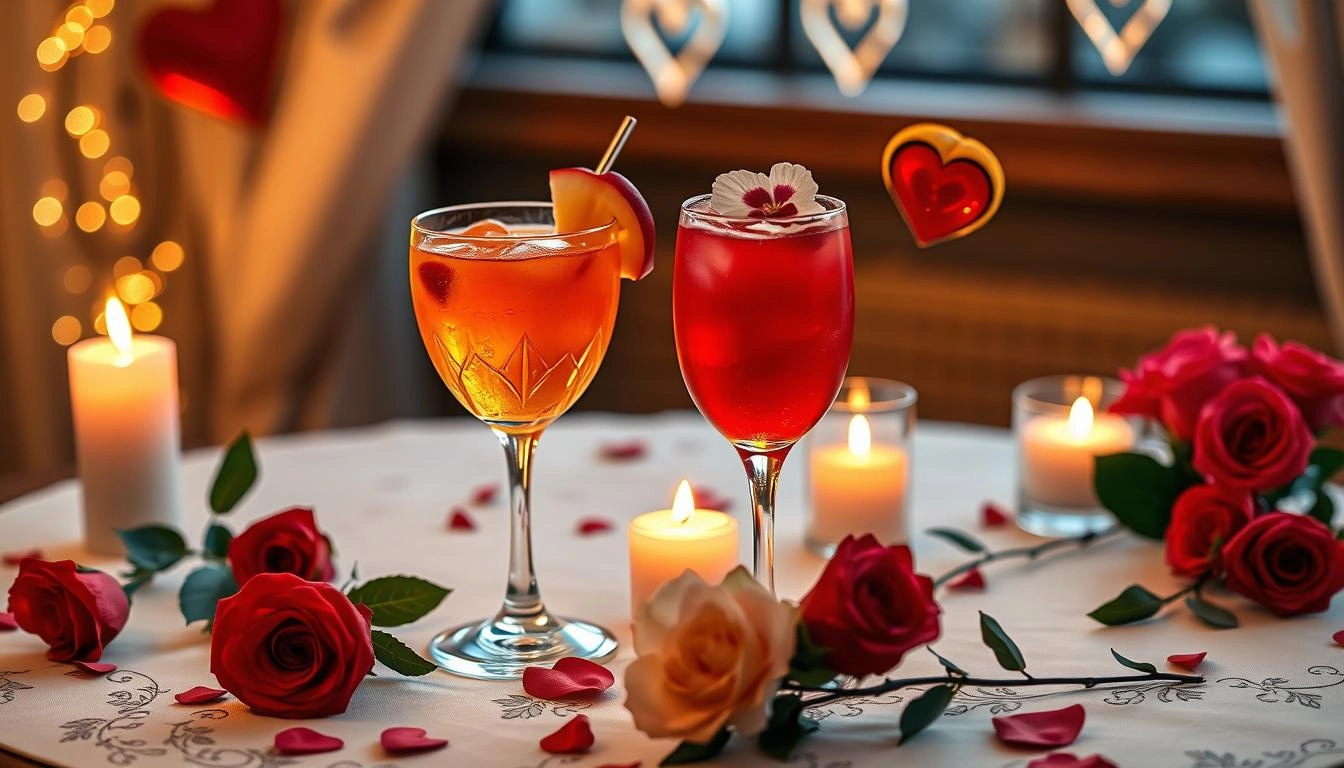 Two romantic cocktails with fruit garnishes on rose-decorated table with candlelight