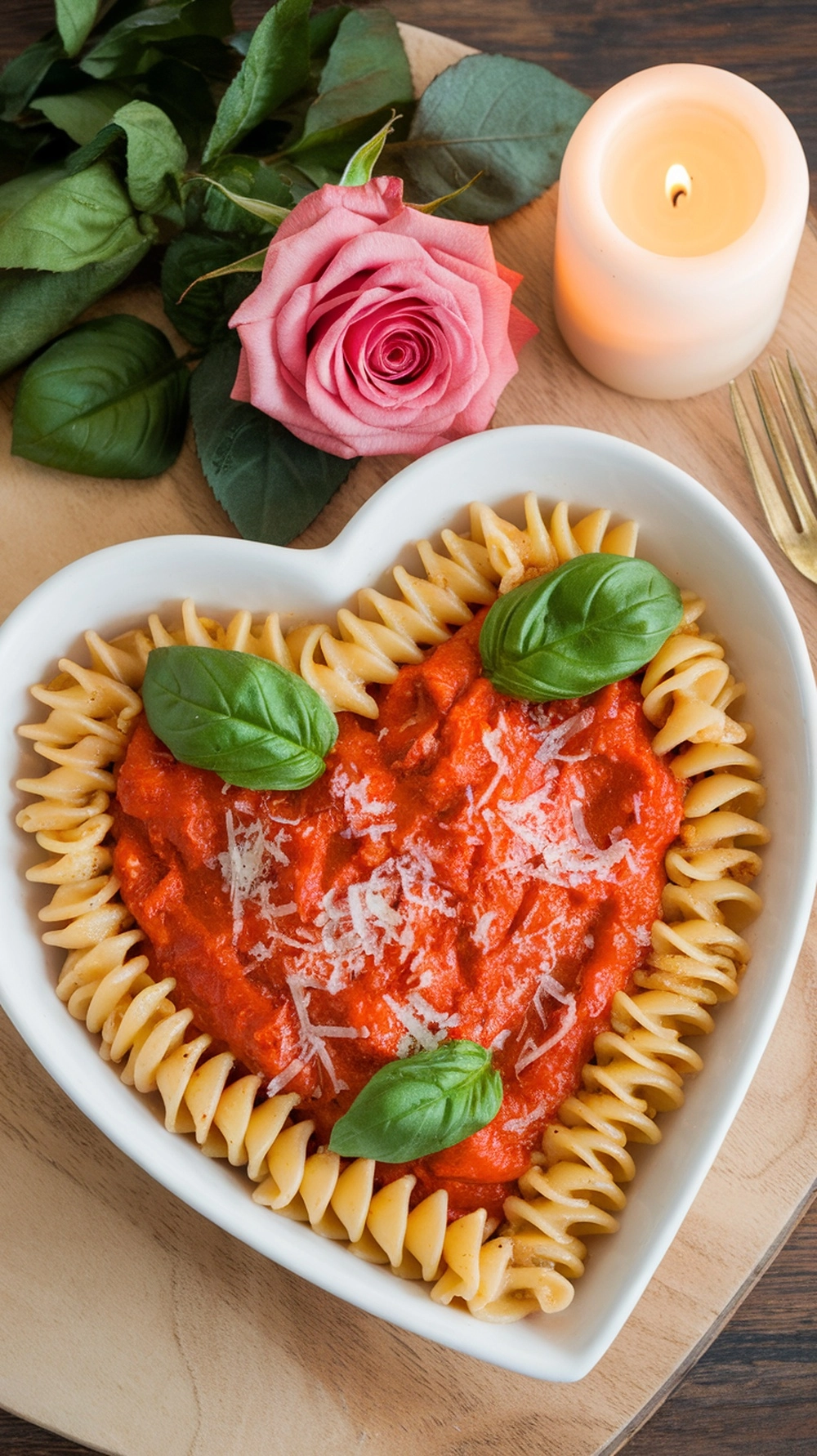 Valentine's Day pasta with roasted red pepper sauce served in a heart shape
