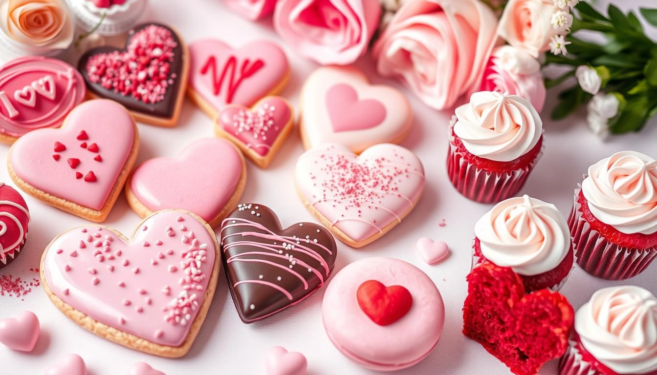 Valentine's Day desserts: Heart cookies, chocolate strawberries, raspberry macarons, and red velvet cupcakes on a romantic pastel table with floral accents.