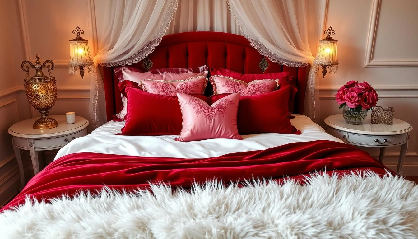 A romantic bedroom featuring deep red velvet bedding, soft white silk sheets, and a delicate lace canopy. Warm lighting from ornate bedside lamps highlights plush throw pillows in pink and gold. A vase of fresh roses sits on a nightstand, and a cozy faux fur rug rests beneath the bed. Soft pastel walls enhance the intimate ambiance.