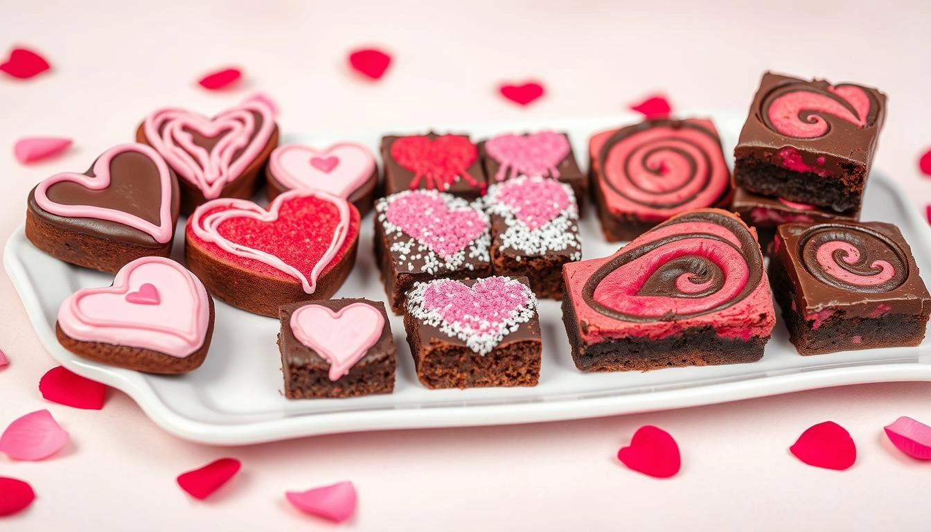 Valentine's Day brownies with heart shapes, pink and red decorations, and raspberry swirls on a white platter with rose petals and hearts