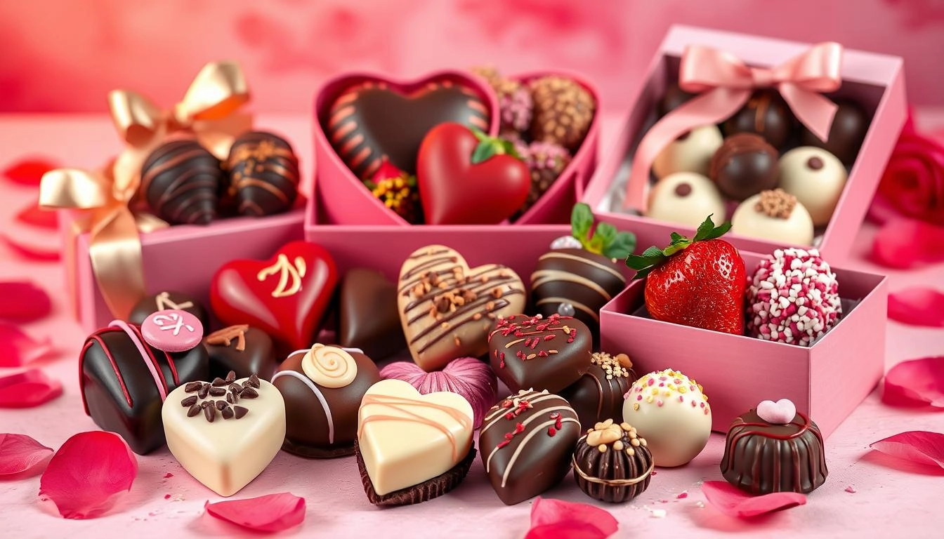 A romantic display of Valentine's chocolates including truffles, chocolate strawberries, and pralines, decorated with gold leaf and sprinkles, arranged with rose petals on a pink and red backdrop.