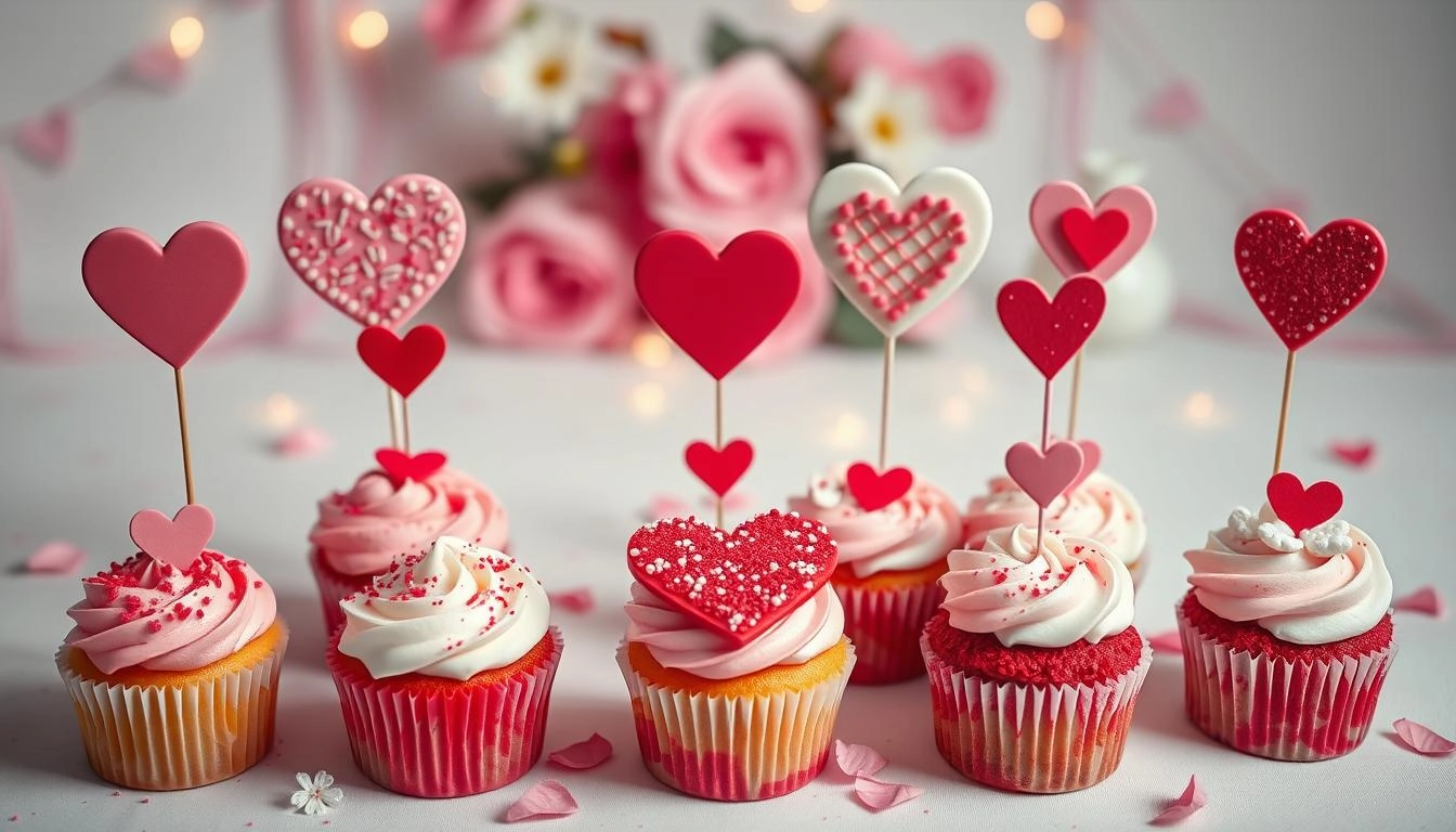 A display of 21 Valentine's cupcakes decorated with pink, red, and white frosting, heart sprinkles, glitter, and sugar flowers on a softly lit table.