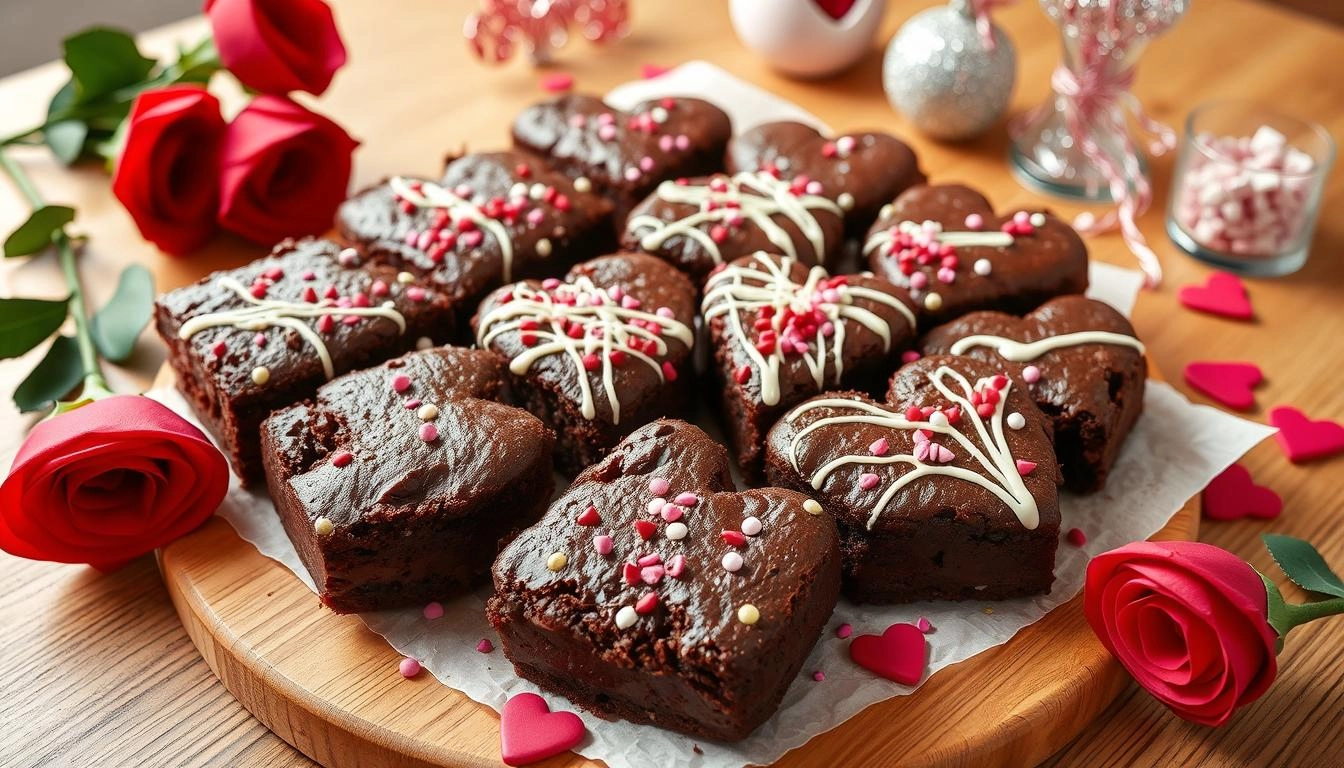 Heart-shaped brownies with white chocolate drizzle and sprinkles, arranged with red roses on a wooden table