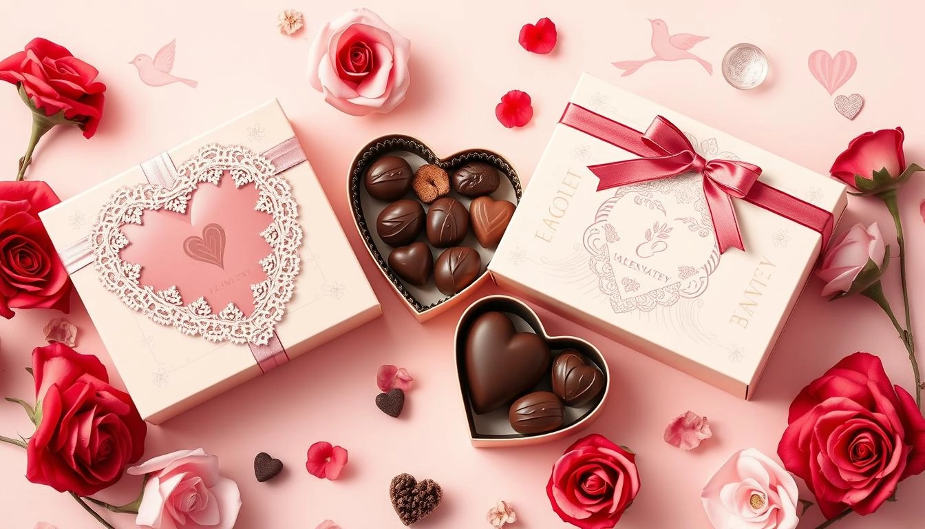 A romantic packaging display of heart-shaped chocolate boxes with lace and ribbons, decorated with floral designs and lovebird illustrations on a pastel backdrop.