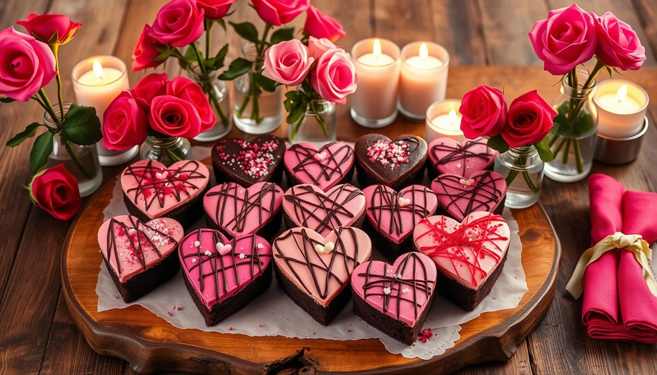 Heart-shaped brownies decorated with pink and red colors and chocolate drizzle, displayed with roses and candles on a wooden table