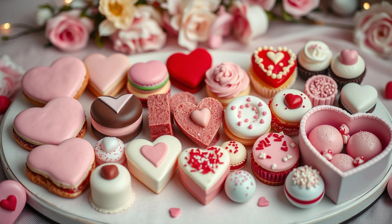 Valentine's Day sweets: 16 treats including heart cookies, chocolate strawberries, macarons, red velvet cupcakes, fudge, candy hearts, cake pops, and truffles on a romantic background.