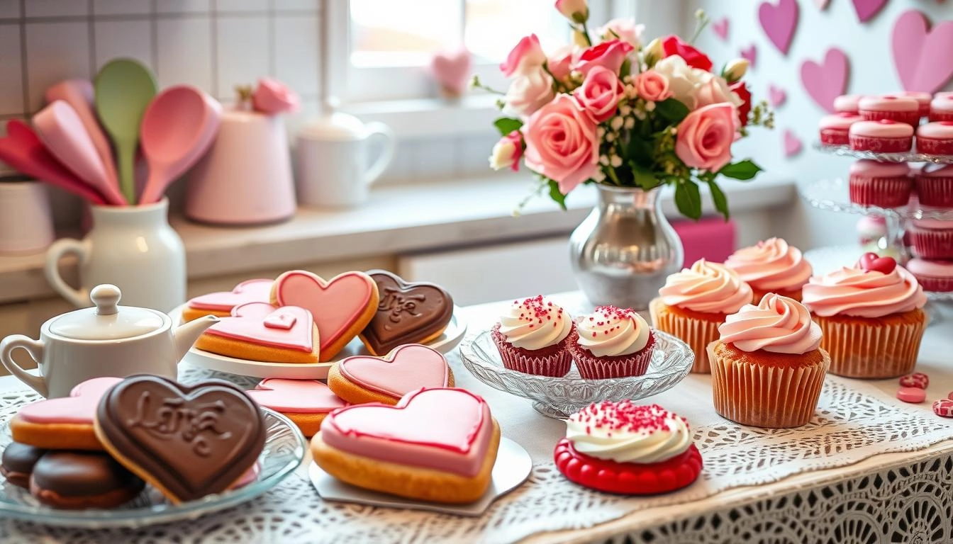 Valentine's Day sweets display: Heart-shaped cookies, chocolate truffles, red cupcakes with pink-white icing on a pastel kitchen countertop, with floral accents and soft natural light.