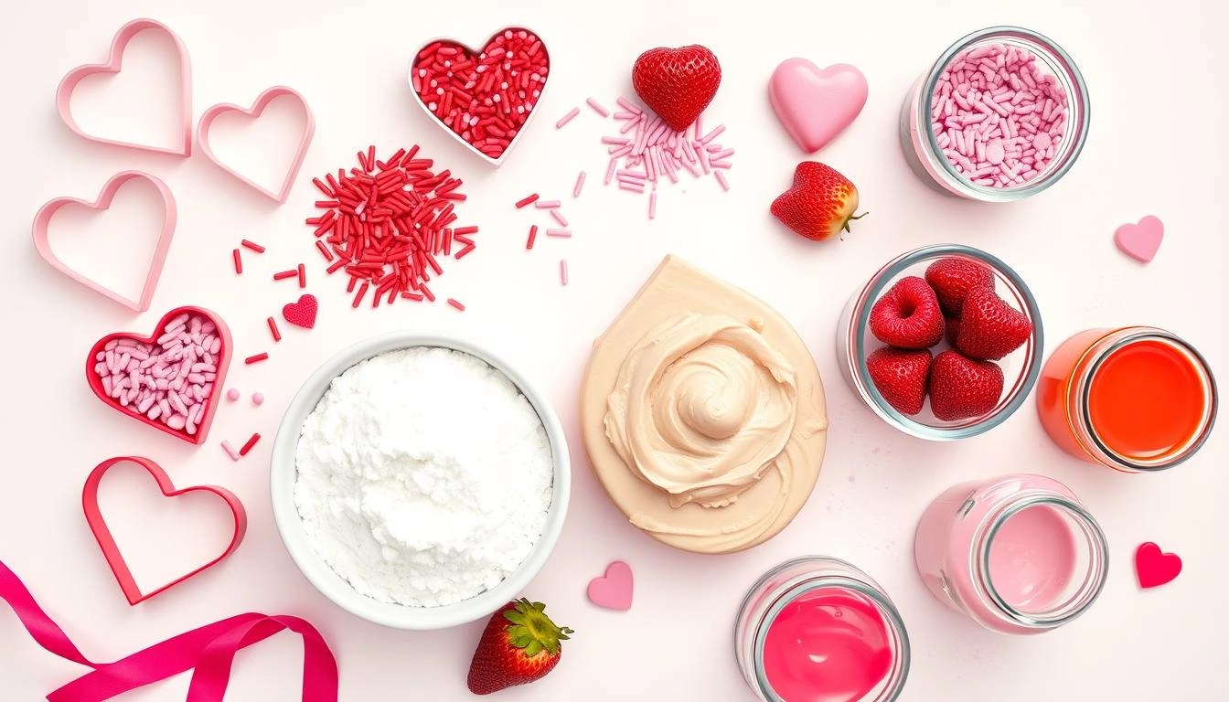 Valentine's Day baking setup: Heart cookie cutters, red-pink sprinkles, chocolate, powdered sugar, strawberries, batter, and colorful icing on a pastel backdrop.