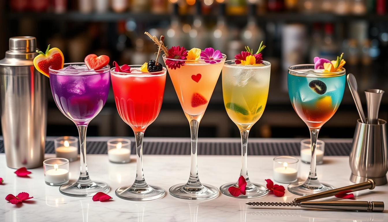 Valentine's cocktail display with heart-shaped garnishes and bar tools, illuminated by candlelight