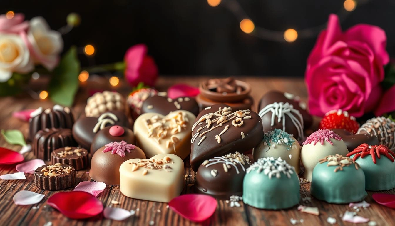 A display of vegan Valentine's chocolates including heart shapes, chocolate strawberries, and truffles with nut and coconut toppings, arranged with rose petals and fairy lights on a wooden table.